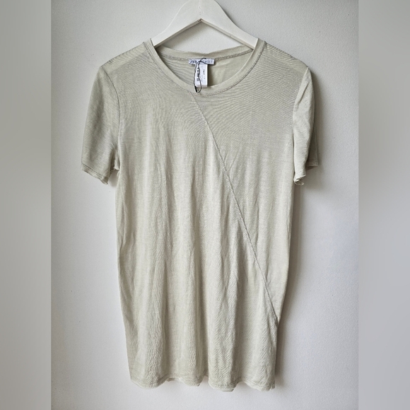 ZARA PASTEL PISTACHIO semi Sheer Short Sleeve Long T Shirt Lyocell Size M - Picture 1 of 7